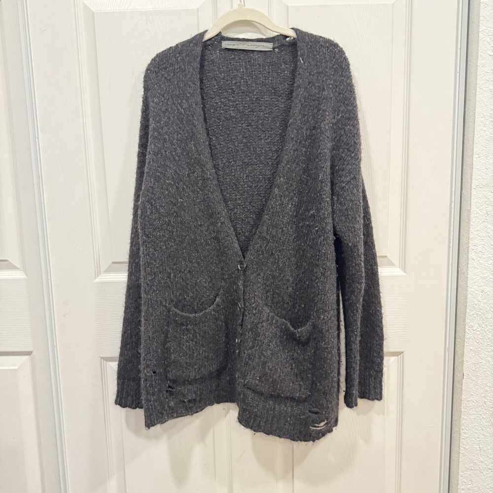 Raquel Allegra Knit Cardigan Charcoal‎ Gray Distressed Grunge Bohemian Womens 0